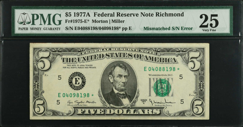 Fr. 1975-E*. 1977A $5 Federal Reserve Star Note. Richmond. PMG Very Fine 25. Mis...