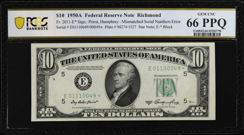 Fr. 2011-E*. 1950A $10 Federal Reserve Star Note. Richmond. PCGS Banknote Gem Un...