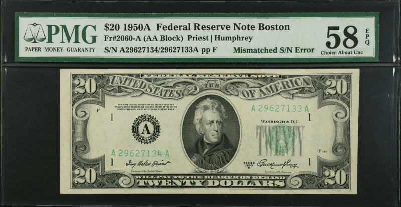 Fr. 2060-A. 1950A $20 Federal Reserve Note. Boston. PMG Choice About Uncirculate...