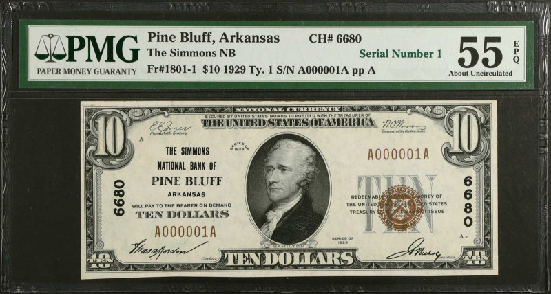 Pine Bluff, Arkansas. $10 1929 Ty. 1. Fr. 1801-1. The Simmons NB. Charter #6680....