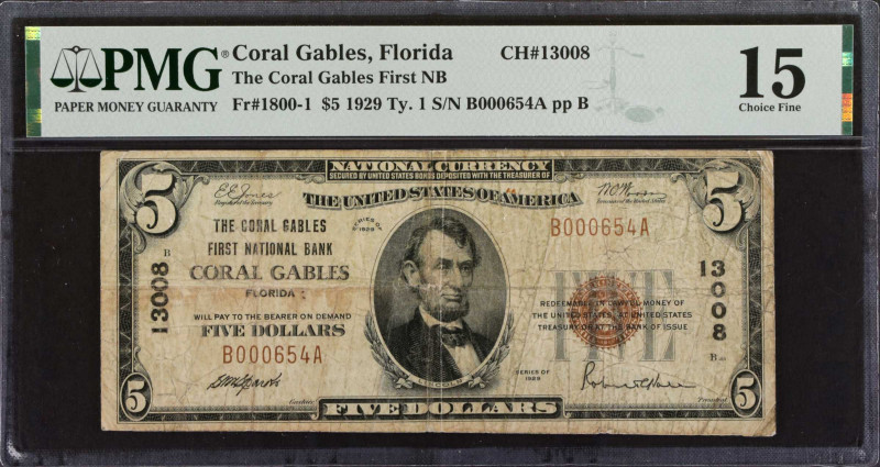 Coral Gables, Florida. $5 1929 Ty. 1. Fr. 1800-1. The Coral Gables First NB. Cha...