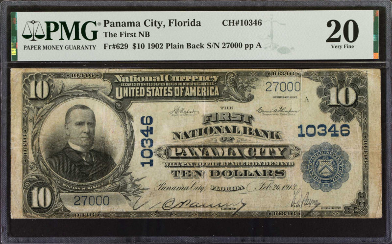 Panama City, Florida. $10 1902 Plain Back. Fr. 629. The First NB. Charter #10346...