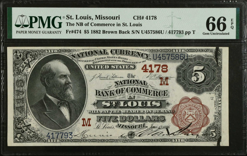 Saint Louis, Missouri. $5 1882 Brown Back. Fr. 474. The NB of Commerce. Charter ...