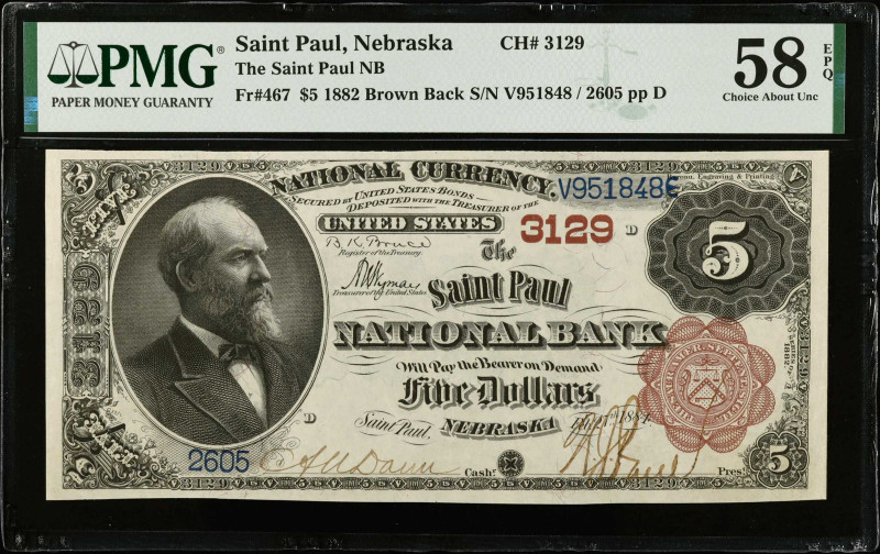 Saint Paul, Nebraska. $5 1882 Brown Back. Fr. 467. The Saint Paul NB. Charter #3...