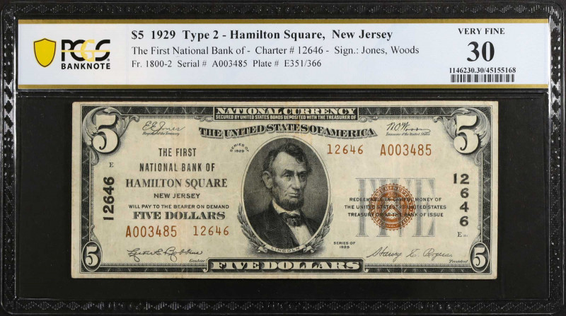 Hamilton Square, New Jersey. $5 1929 Ty. 2. Fr. 1800-2. The First NB. Charter #1...