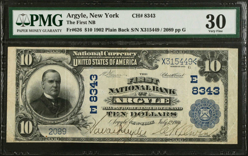 Argyle, New York. 1902 Plain Back $10 Fr. 626. The First NB. Charter #8343. PMG ...