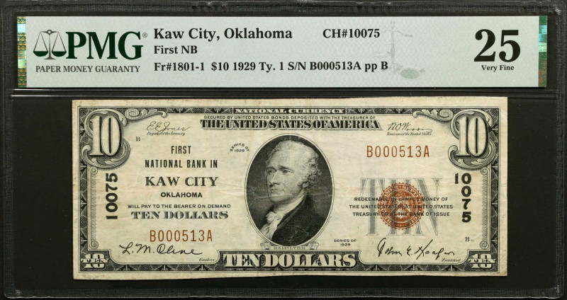 Kaw City, Oklahoma. $10 1929 Ty. 1. Fr. 1801-1. The Farmers NB. Charter #10075. ...