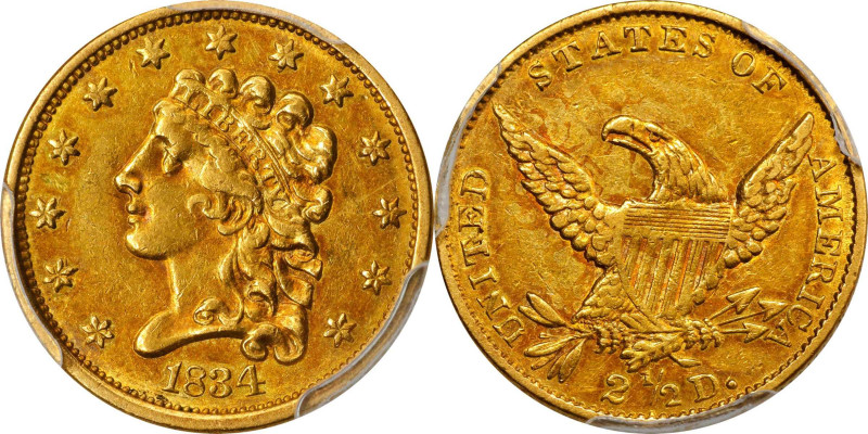 1834 Classic Head Quarter Eagle. HM-3. Rarity-4+. Large Head, Close AM. AU-55 (P...