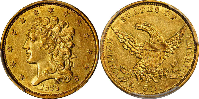 1834 Classic Head Half Eagle. HM-1. Rarity-3. Plain 4. AU-58 (PCGS). CAC.
Die V...