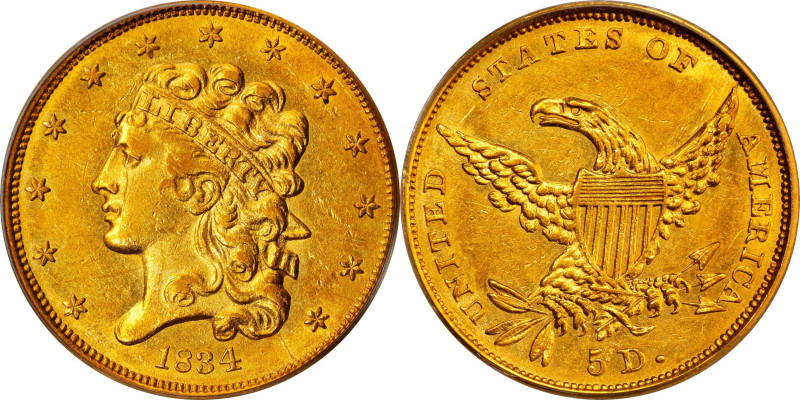 1834 Classic Head Half Eagle. HM-8. Rarity-4. Plain 4. AU-55 (PCGS).
Die Variet...