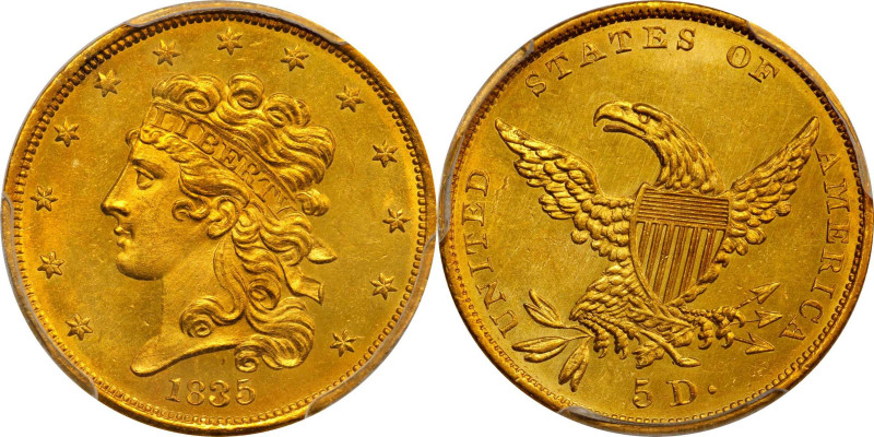 1835 Classic Head Half Eagle. HM-1. Rarity-2+. MS-63 (PCGS).
Die Variety: HM-1....