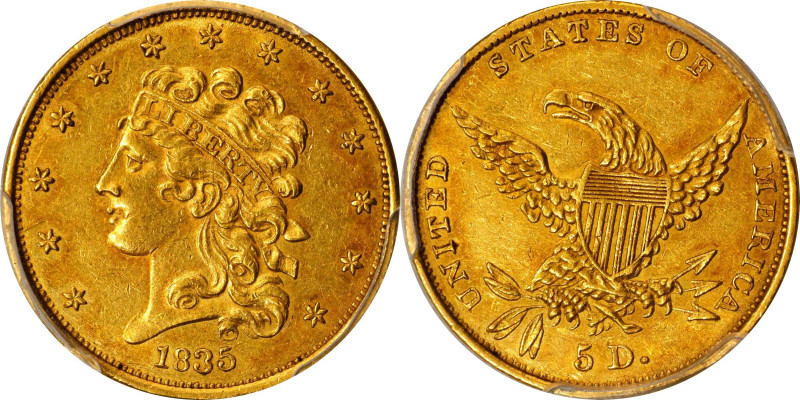 1835 Classic Head Half Eagle. HM-2. Rarity-3. AU-55 (PCGS). CAC.
Die Variety: H...