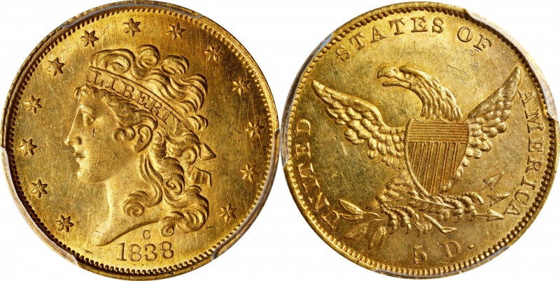 1838-C Classic Head Half Eagle. HM-2, Winter-2. Rarity-5. MS-63 (PCGS).
Die Var...