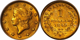 1849-D Gold Dollar. Winter 1-A. EF-45 (PCGS).
With handsome orange-rose color and sharp striking detail to most design elements, this is a desirable ...