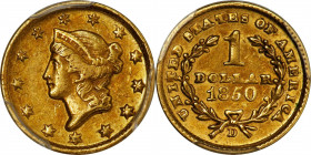 1850-D Gold Dollar. Winter 2-C, the only known dies. AU-55 (PCGS). CAC.
If the Mint State example in the preceding lot is beyond one's reach, this pr...
