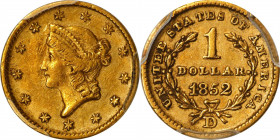1852-D Gold Dollar. Winter 4-E, the only known dies. AU-50 (PCGS).
Bold honey color with a subtle mingling of deep golden-orange. While the quality o...