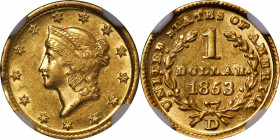 1853-D Gold Dollar. Winter 5-G, the only known dies. MS-62 (NGC).
Bright yellow-gold color with warmer pale honey tones in the fields. The luster is ...