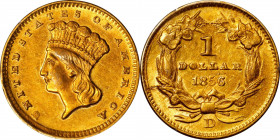 1856-D Gold Dollar. Winter 8-K, the only known dies. AU-50 (PCGS). OGH--First Generation.
This is a very well defined coin for a Dahlonega Mint gold ...