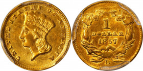 1857-D Gold Dollar. Winter 9-L, the only known dies. MS-61 (PCGS). CAC.
A particularly noteworthy example of this low mintage rarity in the Type III ...