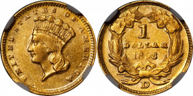 1858-D Gold Dollar. Winter 10-M, the only known dies. AU-58 (NGC).
A bright and flashy piece with nearly full mint luster in a frosty texture. The fi...