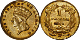 1859-D Gold Dollar. Winter 11-N. AU-55 (PCGS). CAC.
Splendid surfaces for a pre-Civil War era Southern gold coin. Both sides exhibit richly original ...