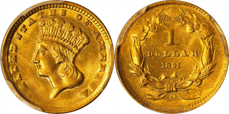 1861-D Gold Dollar. Winter 12-Q, the only known dies. MS-63 (PCGS). CAC.
This i...