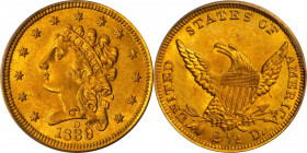 1839-D Classic Head Quarter Eagle. HM-1, Winter 1-B. Rarity-5. MS-64 (PCGS). CAC.
A lustrous and sharply struck deep rose-orange example with soft ho...