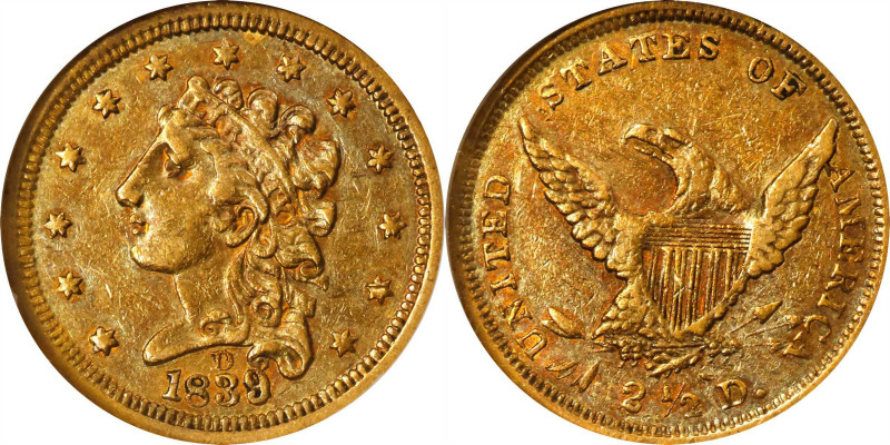 1839-D Classic Head Quarter Eagle. HM-2, Winter 1-A. Rarity-4. AU-50 (NGC).
Thi...