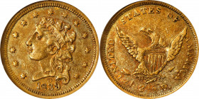 1839-D Classic Head Quarter Eagle. HM-2, Winter 1-A. Rarity-4. AU-50 (NGC).
This pretty piece exhibits deep khaki-gold color overall with blended hig...