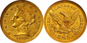 1840-D Liberty Head Quarter Eagle. Winter 1-A. MS-62 (NGC).
Truly remarkable technical quality for a Dahlonega Mint gold coin regardless of denominat...
