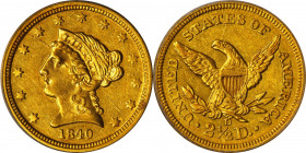 1840-D Liberty Head Quarter Eagle. Winter 1-B. AU-58 (PCGS).
This pretty piece exhibits warm olive undertones to dominant orange-gold color. Ample ev...