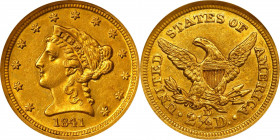 1841-D Liberty Head Quarter Eagle. Winter 2-E. MS-61 (NGC).
This pieces offers extraordinary absolute and condition rarity for an early date Dahloneg...