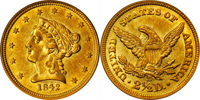 1842-D Liberty Head Quarter Eagle. Winter 3-F, the only known dies. AU-58 (PCGS)...