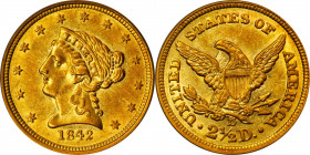 1842-D Liberty Head Quarter Eagle. Winter 3-F, the only known dies. AU-58 (PCGS). CAC.
This lustrous, boldly defined, high Condition Census 1842-D qu...