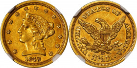 1843-D Liberty Head Quarter Eagle. Winter 4-F. Small D. MS-61 (NGC).
This beautiful Southern gold coin exhibits tinges of pinkish-rose iridescence to...