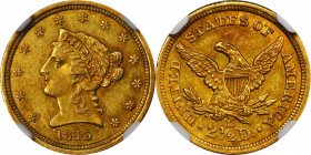1843-D Liberty Head Quarter Eagle. Winter 4-H. Small D. MS-61 (NGC).
A noteworthy second Mint State offering for a Dahlonega Mint quarter eagle issue...