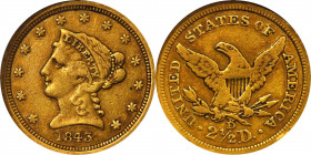 1843-D Liberty Head Quarter Eagle. Winter 4-H. Small D. VF-30 (NGC). CAC.
Blended deep khaki-gold and more vivid medium rose colors provide a wonderf...