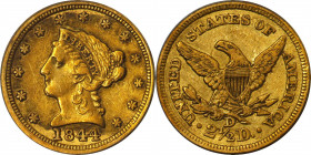 1844-D Liberty Head Quarter Eagle. Winter 5-I. EF-45 (PCGS).
A base of honey-olive color blankets both sides, the obverse with an overlay of iridesce...