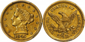 1845-D Liberty Head Quarter Eagle. Winter 6-J, the only known dies. AU-53 (PCGS).
Lovely golden-honey surfaces exhibit tinges of pale olive and more ...
