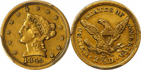 1845-D Liberty Head Quarter Eagle. Winter 6-J, the only known dies. EF-45 (PCGS).
This appealing piece displays warm, even, medium honey-olive color ...
