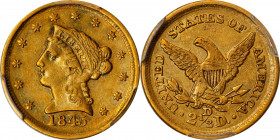 1845-D Liberty Head Quarter Eagle. Winter 6-J, the only known dies. EF-45 (PCGS).
A bold olive-khaki example with subtle powder blue and pale rose un...