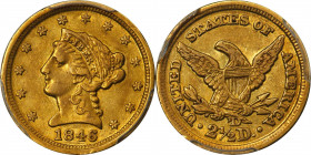 1846-D Liberty Head Quarter Eagle. Winter 7-L. Late Die State. AU-50 (PCGS).
An especially appealing example of the issue, this is a solidly graded A...