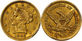 1846-D/D Liberty Head Quarter Eagle. Winter 7-L. AU-58 (PCGS). CAC.
A thoroughly appealing Dahlonega Mint quarter eagle irrespective of date or varie...
