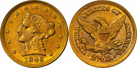 1846-D/D Liberty Head Quarter Eagle. Winter 7-L. AU-55 (PCGS). CAC.
A noteworthy second premium Choice AU example of this eagerly sought variety of t...