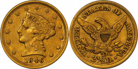 1846-D/D Liberty Head Quarter Eagle. Winter 7-L. EF-40 (PCGS). CAC.
Similar die state to the two 1846-D/D quarter eagles offered above, this handsome...
