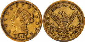 1847-D Liberty Head Quarter Eagle. Winter 9-N, the only known dies. EF-45 (PCGS). CAC.
Undeniably original surfaces are dressed in warm, even khaki-g...