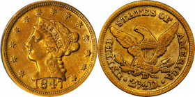 1847-D Liberty Head Quarter Eagle. Winter 9-N, the only known dies. EF-40 (PCGS).
Vivid and lustrous EF surfaces feature a blend of deep orange-gold ...