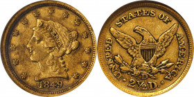 1849-D Liberty Head Quarter Eagle. Winter 11-N. EF-45 (NGC).
Deep honey-olive color with a tinge of pale silver-gray to both sides. Intermingled medi...