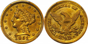 1851-D Liberty Head Quarter Eagle. Winter 15-N, the only known dies. AU-50 (PCGS).
Offered is a lustrous, vivid and exceptionally attractive AU examp...