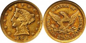 1851-D Liberty Head Quarter Eagle. Winter 15-N, the only known dies. EF-40 (NGC).
An inviting piece with iridescent reddish-rose toning to a base of ...